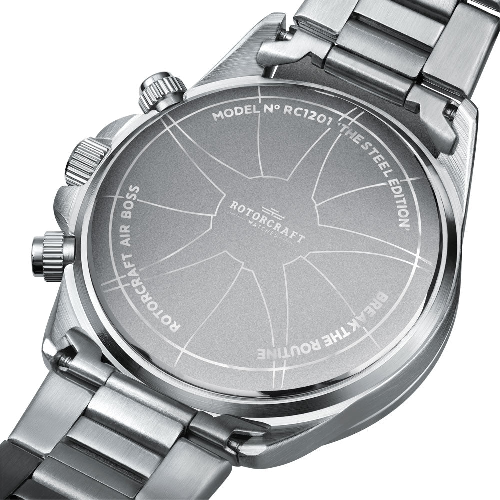 Rotorcraft Airboss RC1201 Multifunction dual time watch 45 mm with steel bracelet back
