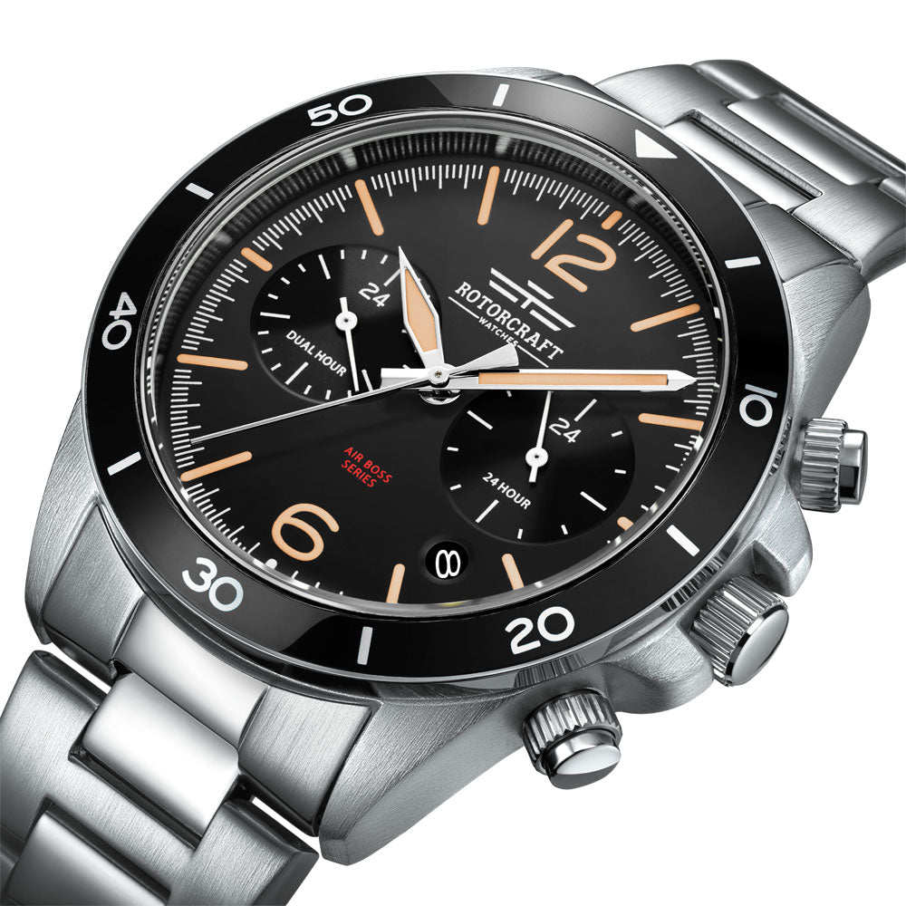 Rotorcraft Airboss RC1201 Multifunction dual time watch 45 mm with steel bracelet dial