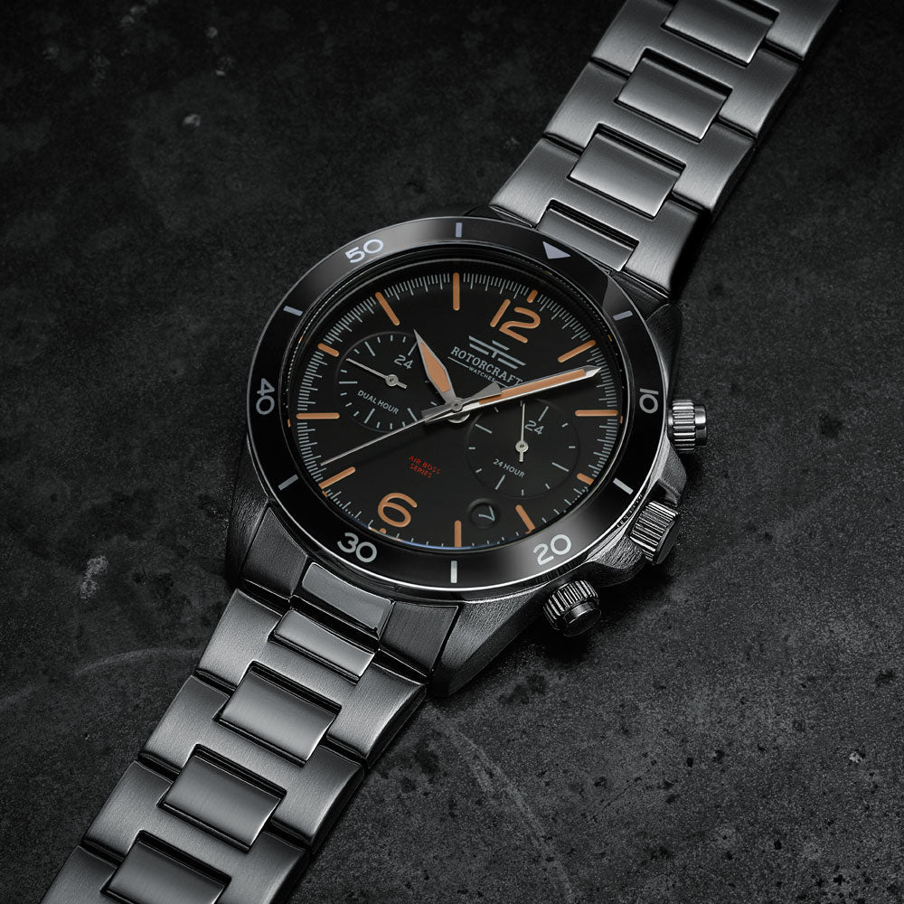 Rotorcraft Airboss RC1201 Multifunction dual time watch 45 mm with steel bracelet mood