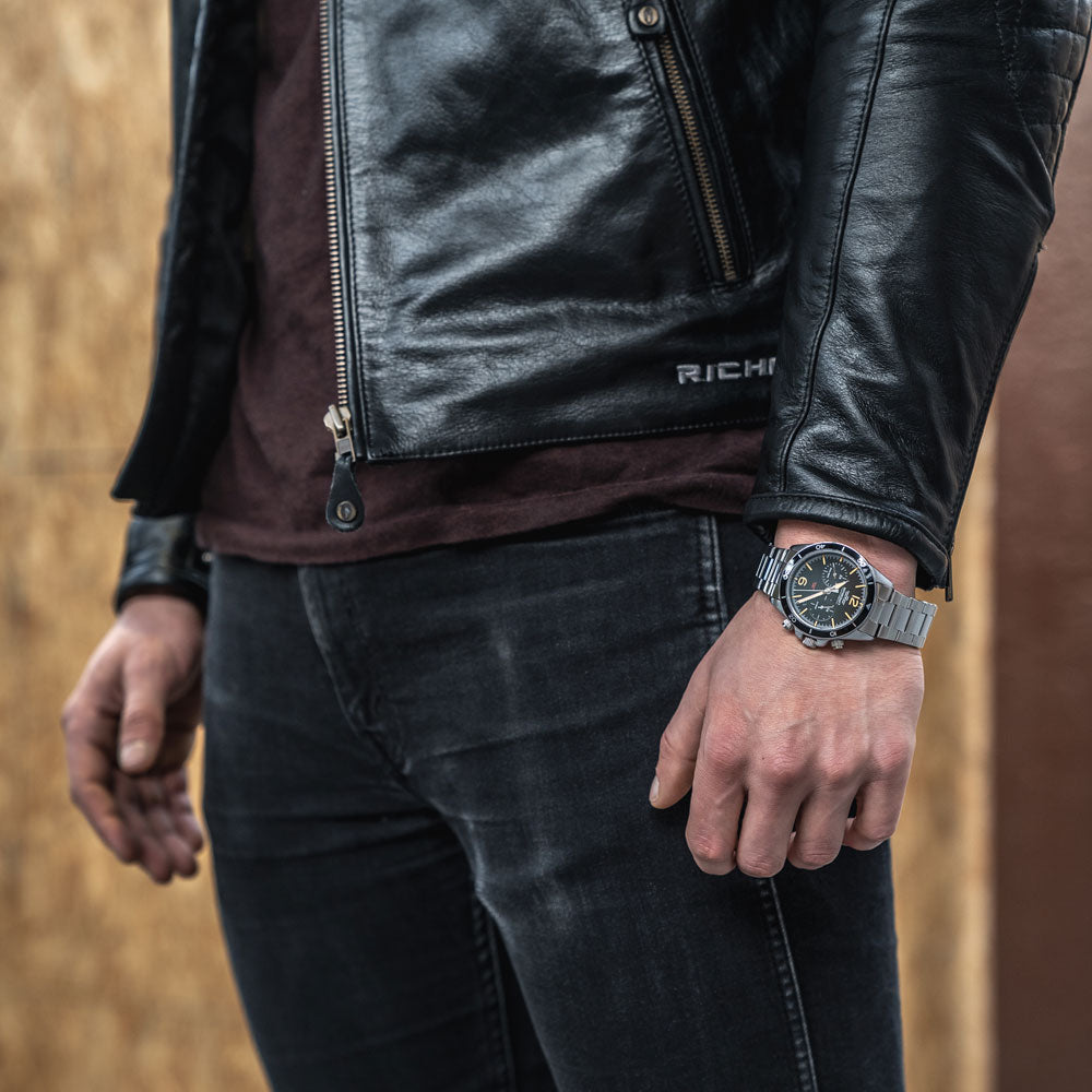 Rotorcraft Airboss RC1201 Multifunction dual time watch 45 mm with steel bracelet wrist